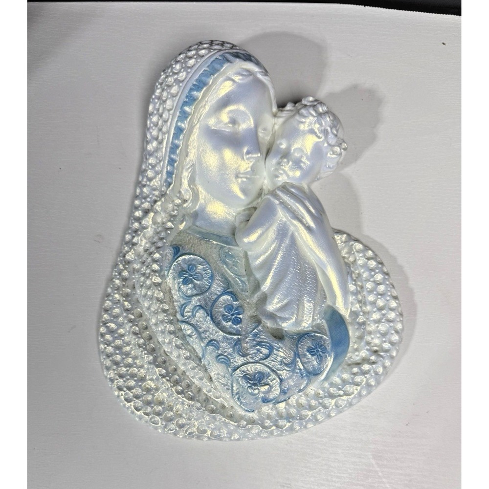 Vtg Blue Chalkware Madonna Mother Mary andBbaby Jesus Wall‎ Hanging